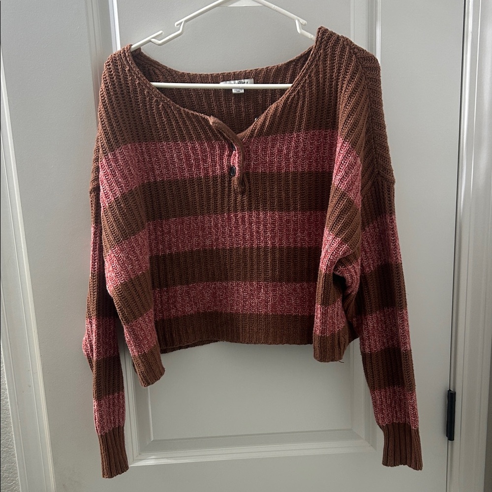 American Eagle Cropped Brown + Pink Striped Sweater with Button Detail